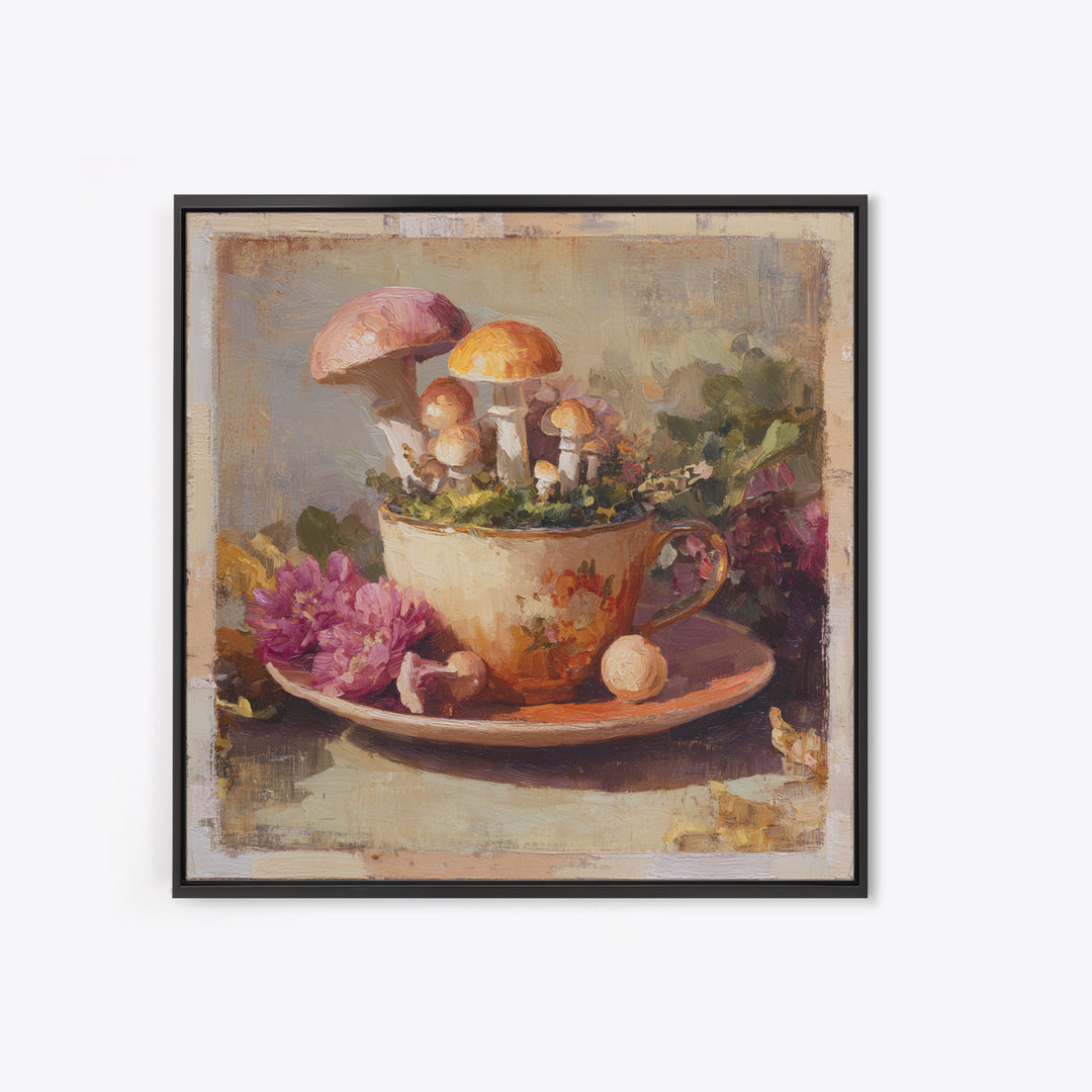 Teacup Garden with Tiny Mushrooms Canvas Print, Whimsical Art, Home Decor, Living Room Decor, Fine Art, Wonder, Digital Print, WHI-1x1-4