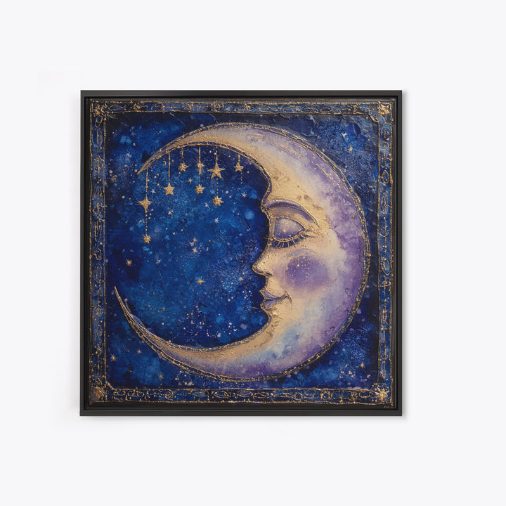 Moon with Sleeping Face and Dangling Stars Framed Canvas Print, Whimsical Art, Room Decor, Living Room Decor, Oil Painting, WHI-1x1-40