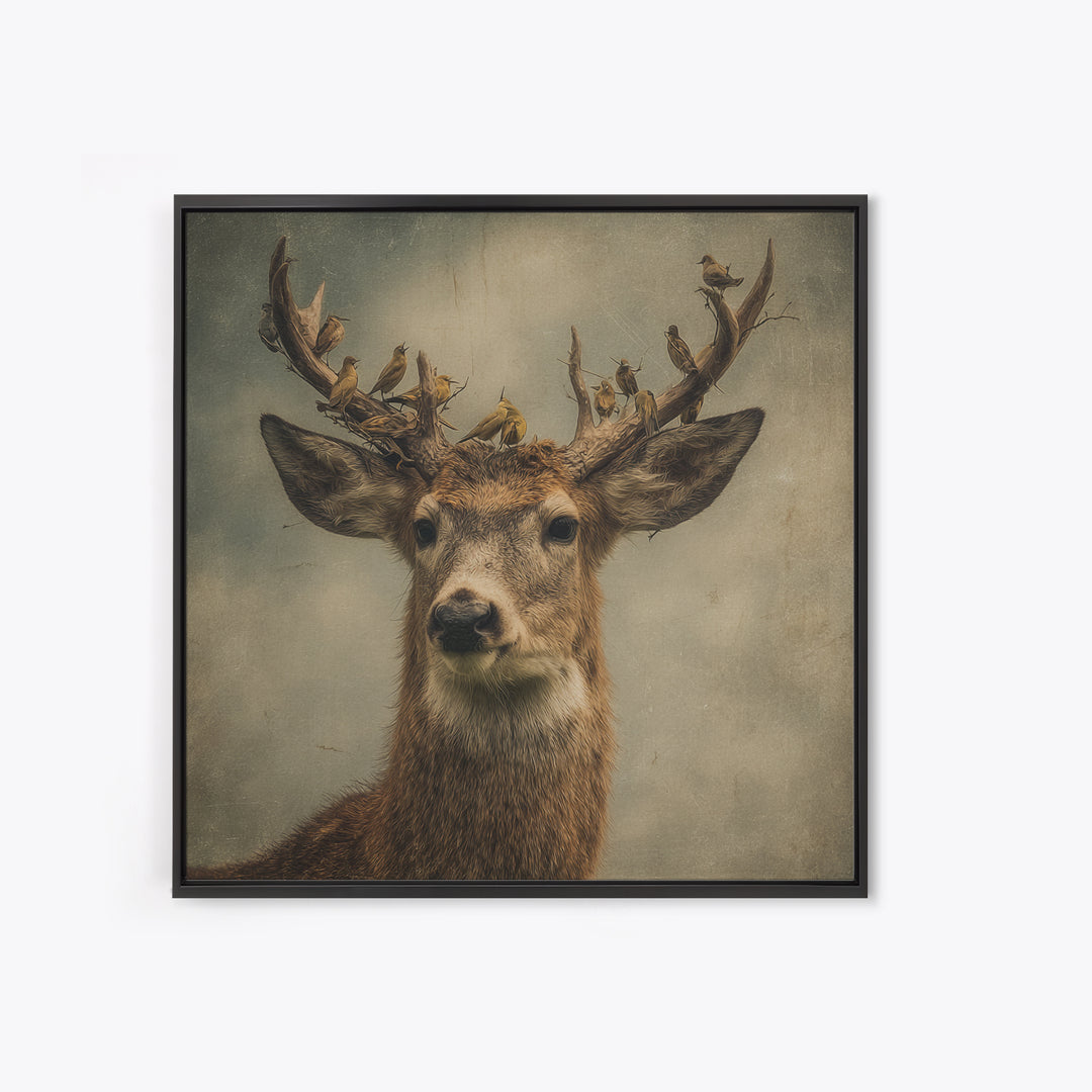 Deer with Antlers Full of Birds Framed Canvas Print, Whimsical Art, Dopamine Decor, Living Room Decor, Oil Painting, Wonder, WHI-1x1-43