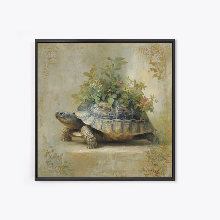 Turtle with Garden Growing on Shell Framed Canvas Print, Whimsical Art, Nursery Art, Living Room Decor, Oil Painting, Wonder, WHI-1x1-46