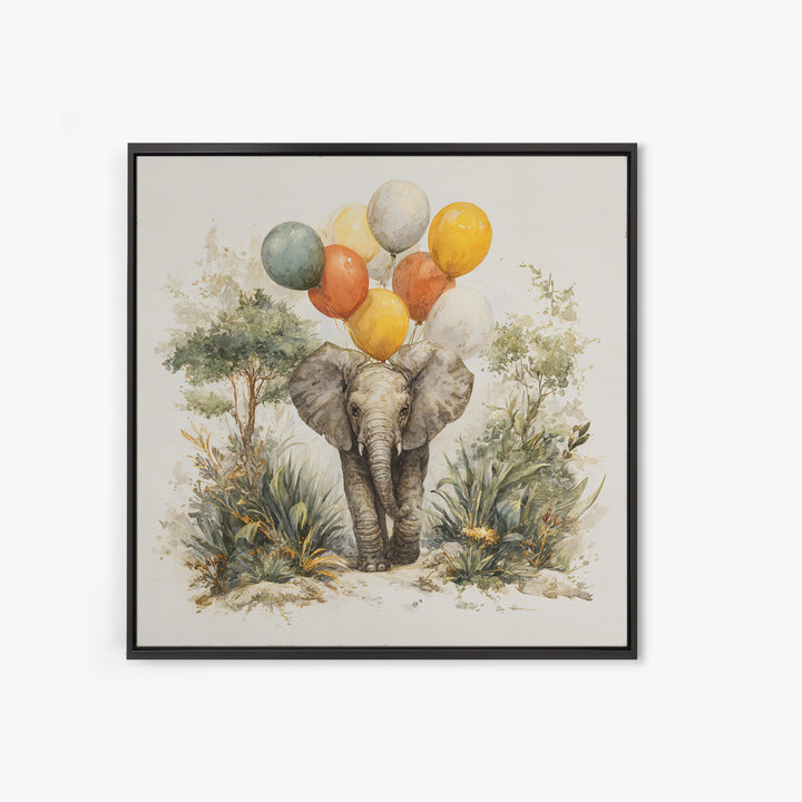 Elephant Holding Balloons Framed Canvas Print, Whimsical Art, Nursery Prints, Living Room Decor, Oil Painting, Wonder, WHI-1x1-51
