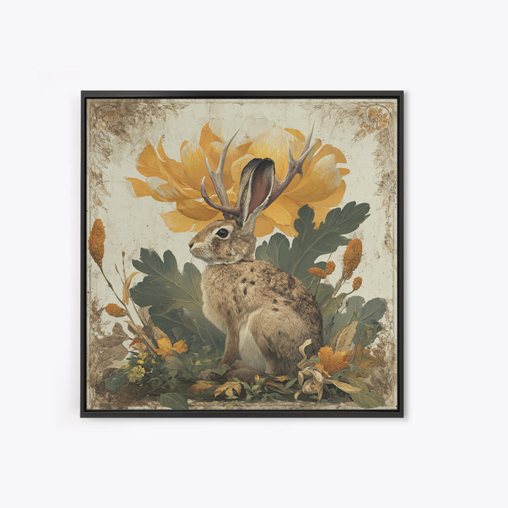Rabbit Reading Beneath a Giant Flower Framed Canvas Print, Whimsical Art, Textured Painting, Living Room Decor, Wonder, WHI-1x1-53