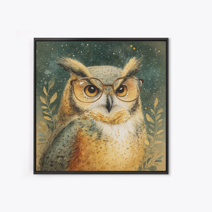 Owl Wearing Spectacles Among Stars Canvas Print, Whimsical Art, Nursery Prints, Living Room Decor, Oil Painting, Wonder, WHI-1x1-54