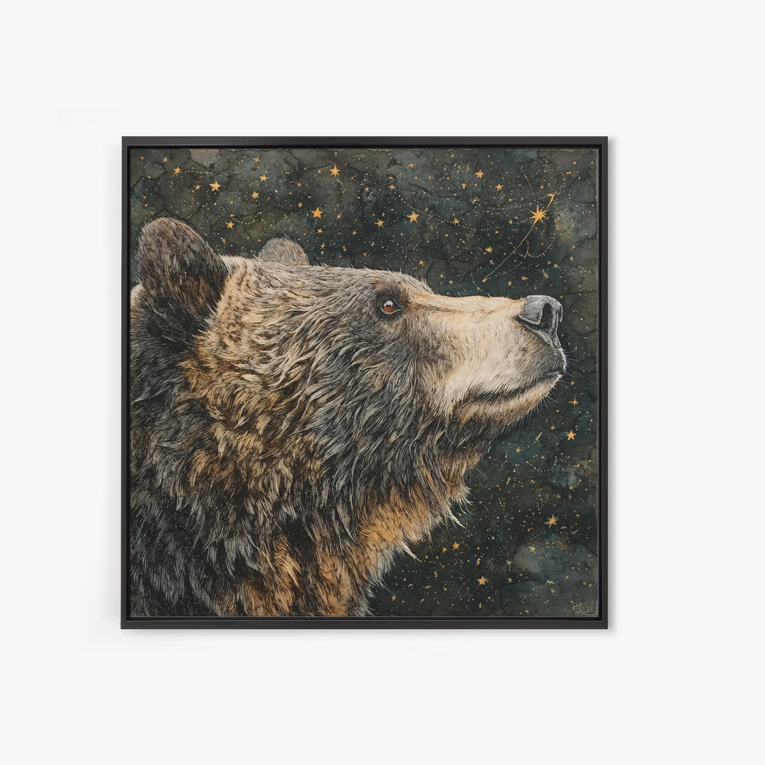 Bear Painting Stars Onto the Night Sky Framed Canvas Print, Whimsical Art, Living Room Decor, Abstract Art, Wonder, WHI-1x1-57
