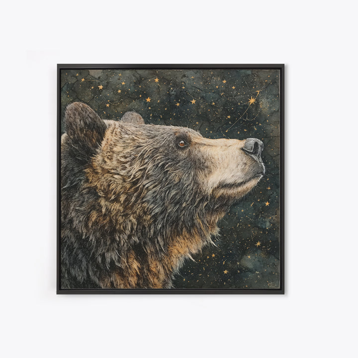 Bear Painting Stars Onto the Night Sky Framed Canvas Print, Whimsical Art, Living Room Decor, Abstract Art, Wonder, WHI-1x1-57