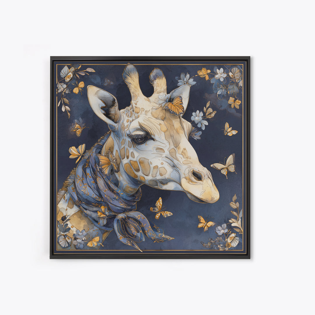 Giraffe with Scarf and Butterflies Framed Canvas Print, Whimsical Art, Watercolor Art, Living Room Decor, Wonder, WHI-1x1-58
