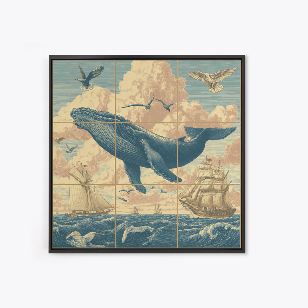 Whale Flying Through Clouds Like Ocean Framed Canvas Print, Whimsical Art, Boho Decor, Living Room Decor, Fine Art, Wonder, WHI-1x1-61