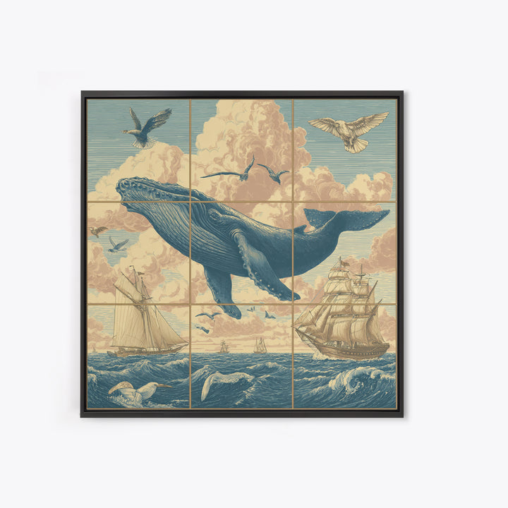 Whale Flying Through Clouds Like Ocean Framed Canvas Print, Whimsical Art, Boho Decor, Living Room Decor, Fine Art, Wonder, WHI-1x1-61