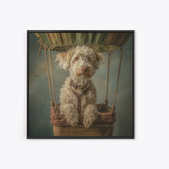Dog in a Hot Air Balloon Framed Canvas Print, Whimsical Art, Gallery Decor, Living Room Decor, Fine Art, Wonder, Wall Art, WHI-1x1-62