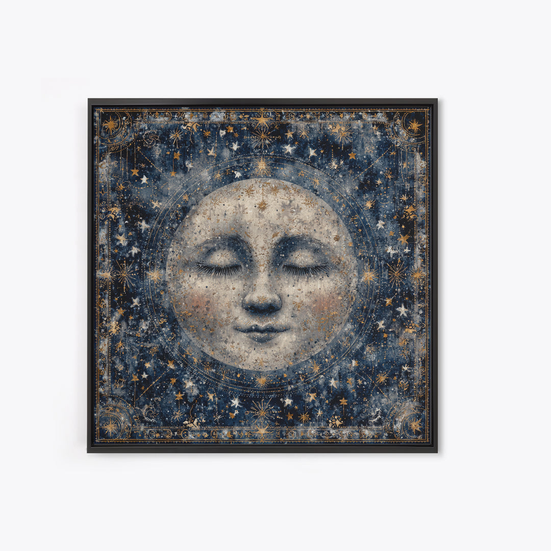 Moon with Sleeping Face and Dangling Stars Framed Canvas Print, Whimsical Art, Living Room Decor, Wonder, Gallery Decor, WHI-1x1-64