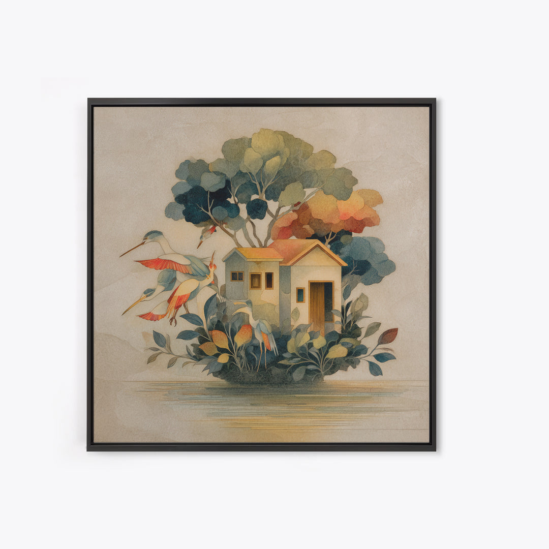 Floating House Carried by Colorful Birds Framed Canvas Print, Whimsical Art, Framed Wall Art, Living Room Decor, Wonder, WHI-1x1-7