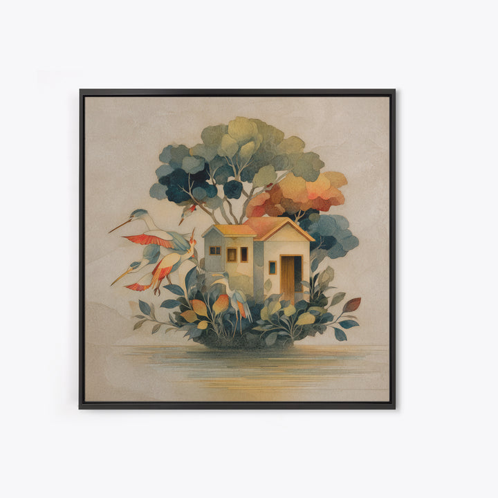 Floating House Carried by Colorful Birds Framed Canvas Print, Whimsical Art, Framed Wall Art, Living Room Decor, Wonder, WHI-1x1-7