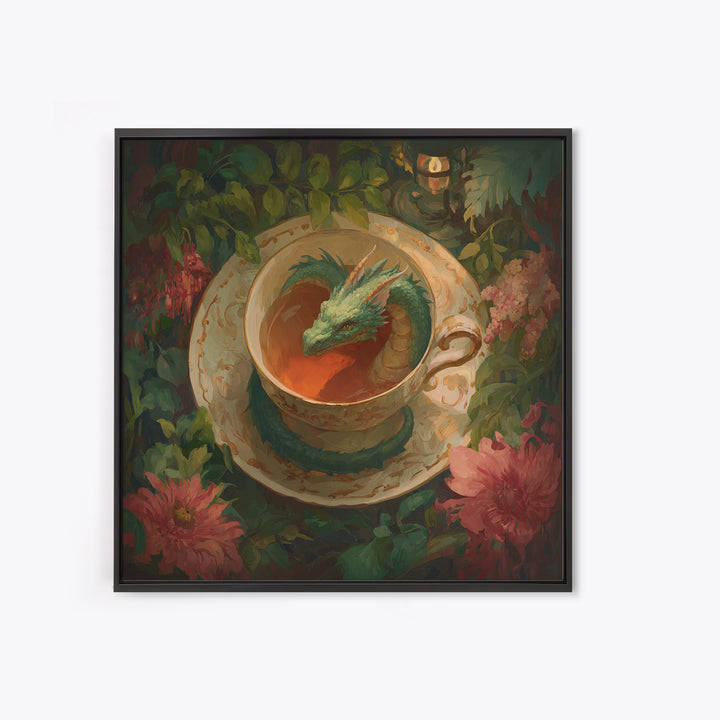 Dragon Curled Around a Teacup Framed Canvas Print, Whimsical Art, Bird Art, Living Room Decor, Abstract Art, Wonder, WHI-1x1-72