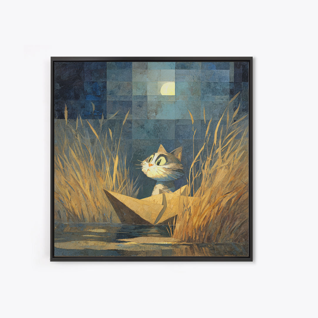 Cat Sailing a Paper Boat Framed Canvas Print, Whimsical Art, Fine Art Print, Living Room Decor, Fine Art, Wonder, Prints, WHI-1x1-74