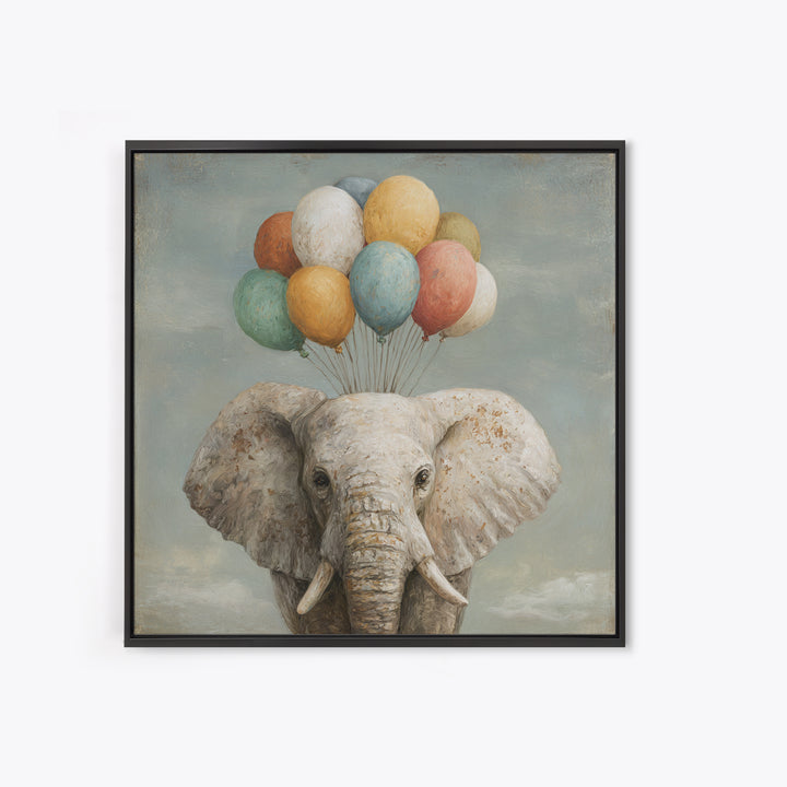 Elephant Holding Balloons Canvas Print, Whimsical Art, Statement Artwork, Living Room Decor, Fine Art, Wonder, Art Print, WHI-1x1-75