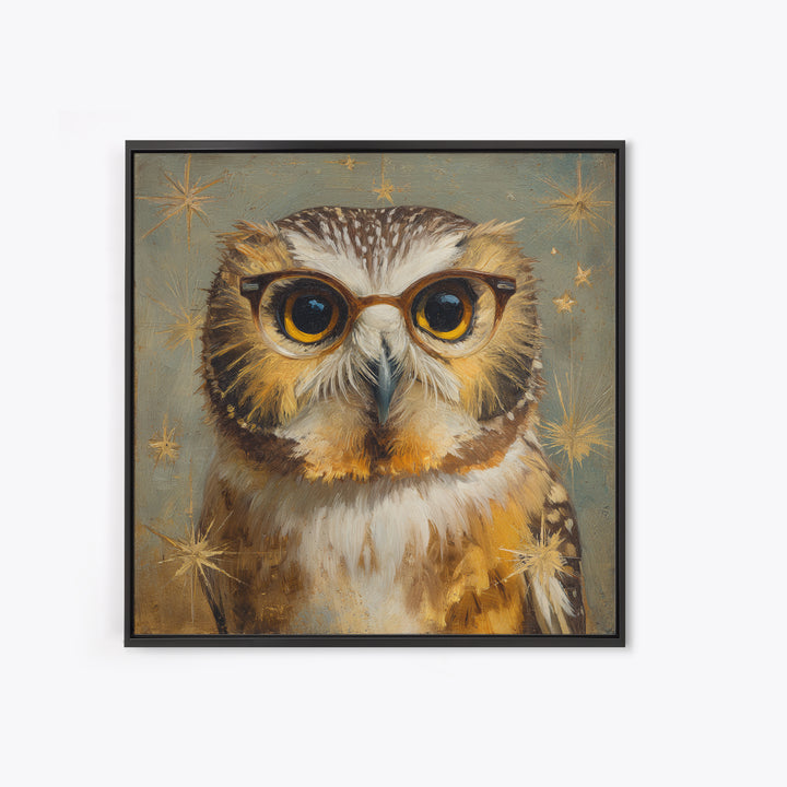 Owl Wearing Spectacles Among Stars Framed Canvas Print, Whimsical Art, Statement Artwork, Living Room Decor, Fine Art, Wonder, WHI-1x1-78