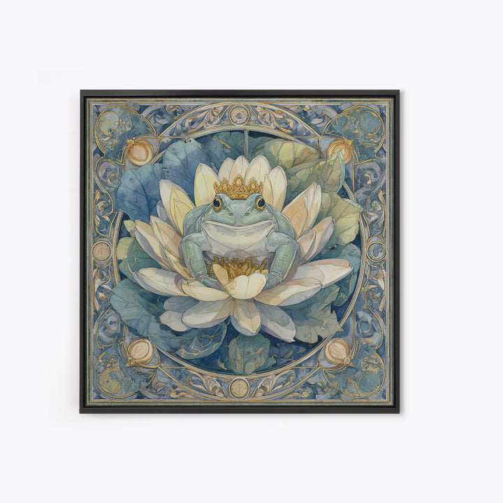 Frog Prince on a Lily Pad Framed Canvas Print, Whimsical Art, Oil Painting, Living Room Decor, Wonder, Dark Academia Decor, WHI-1x1-8