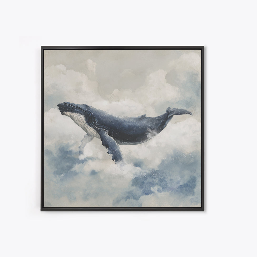 Whale Flying Through Clouds Like Ocean Canvas Print, Whimsical Art, Minimalist Decor, Living Room Decor, Oil Painting, Wonder, WHI-1x1-85