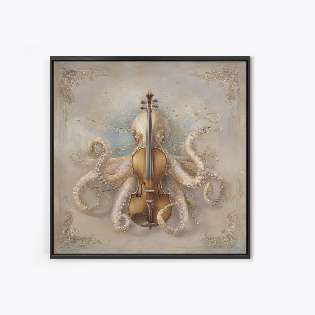 Octopus Conductor with Tiny Instruments Canvas Print, Whimsical Art, Neutral Decor, Living Room Decor, Fine Art, Wonder, WHI-1x1-90