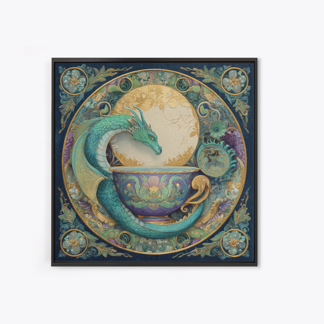 Dragon Curled Around a Teacup Framed Canvas Print, Whimsical Art, Pet Portrait, Living Room Decor, Wonder, Abstract Wall Art, WHI-1x1-96