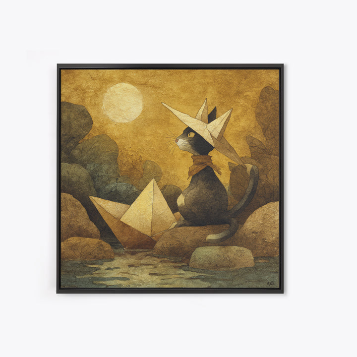 Cat Sailing a Paper Boat Canvas Print, Whimsical Art, Textured Painting, Living Room Decor, Fine Art, Wonder, Nursery Decor, WHI-1x1-98