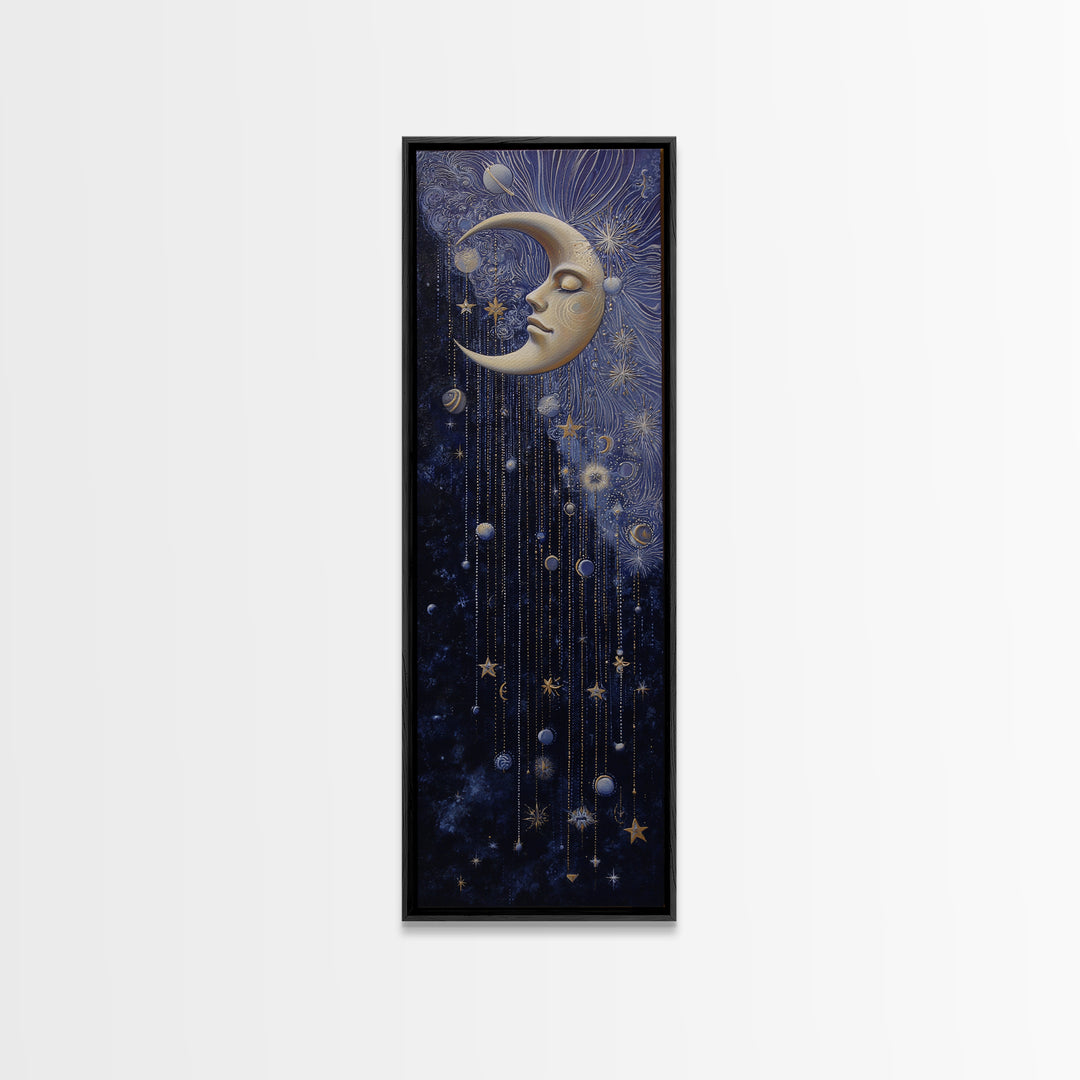 Moon with Sleeping Face and Dangling Stars Canvas Print, Whimsical Art, Nursery Art, Living Room Decor, Fine Art, Wonder, WHI-1x3-100