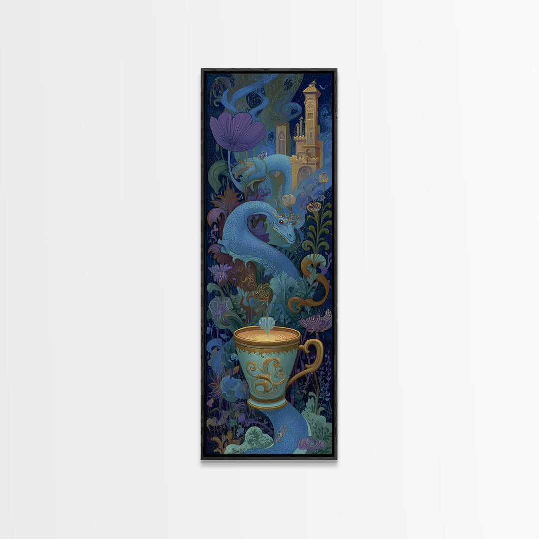 Dragon Curled Around a Teacup Canvas Print, Whimsical Art, Wall Art, Living Room Decor, Oil Painting, Wonder, Framed Wall Art, WHI-1x3-12
