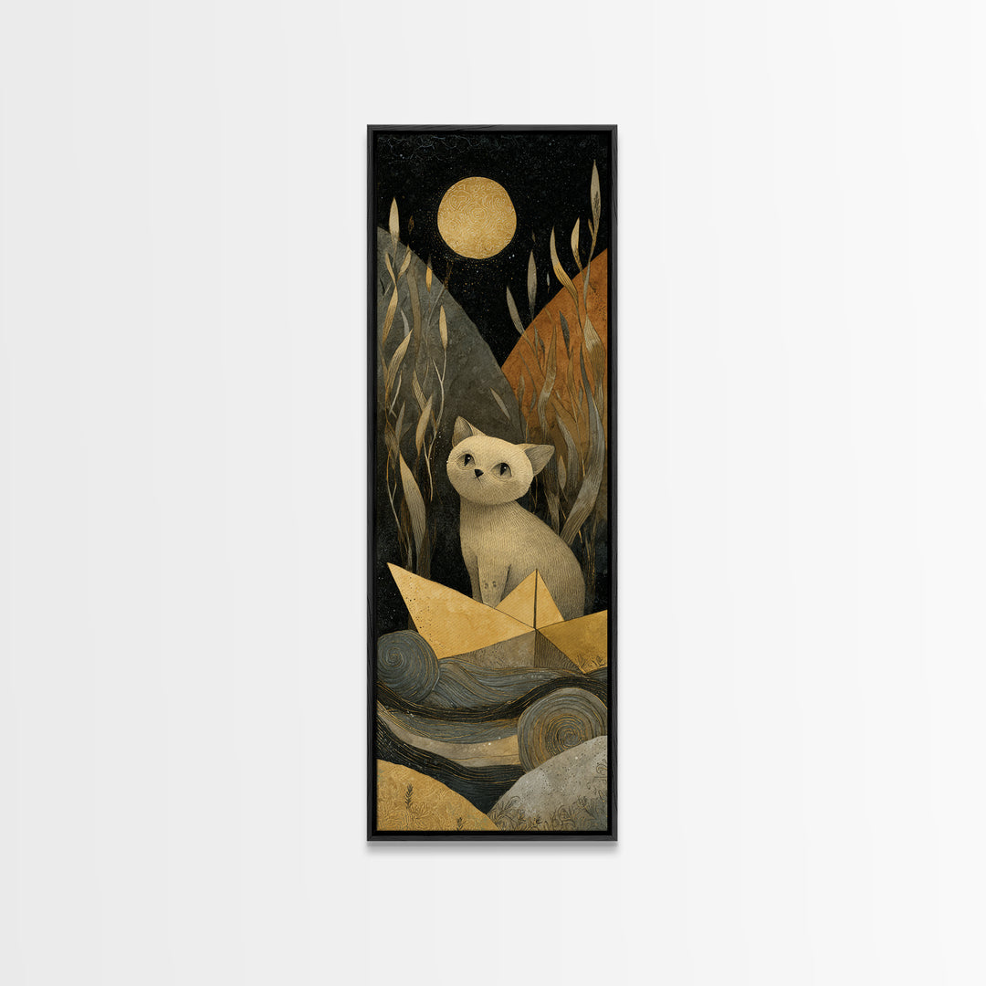 Cat Sailing a Paper Boat Canvas Print, Whimsical Art, Gallery Decor, Living Room Decor, Fine Art, Wonder, Wall Art, Home Decor, WHI-1x3-14