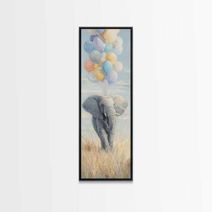 Elephant Holding Balloons Framed Canvas Print, Whimsical Art, Art Nouveau, Living Room Decor, Abstract Art, Wonder, WHI-1x3-15