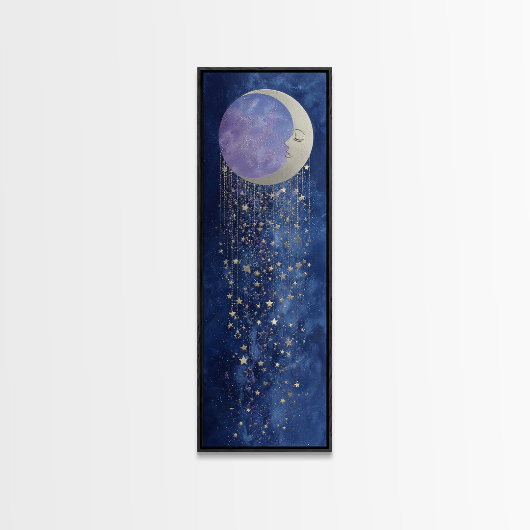 Moon with Sleeping Face and Dangling Stars Canvas Print, Whimsical Art, Art Print, Living Room Decor, Fine Art, Wonder, WHI-1x3-28