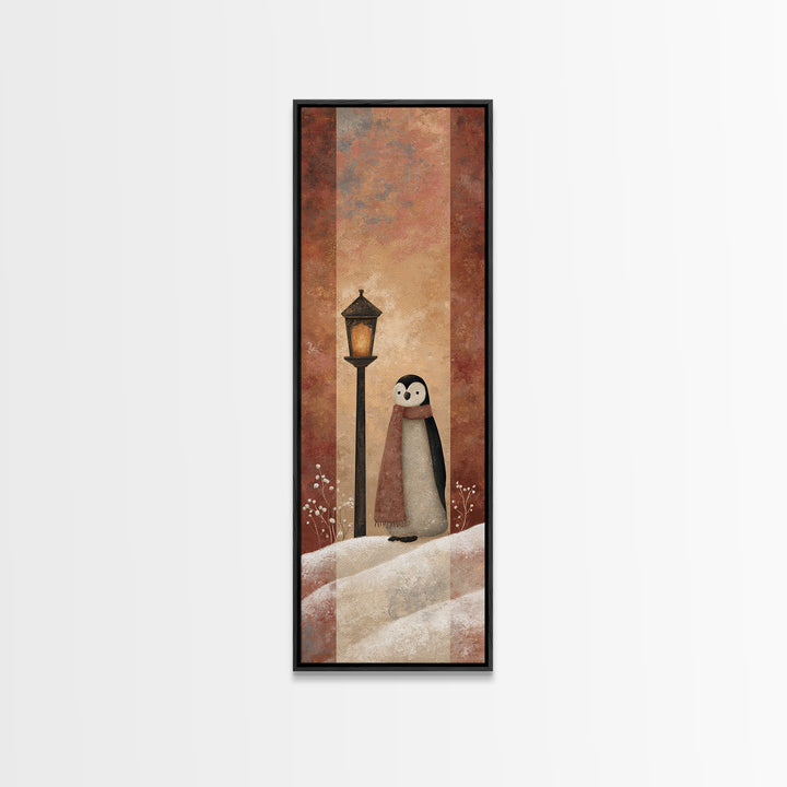 Penguin Holding a Lantern Framed Canvas Print, Whimsical Art, Textured Painting, Living Room Decor, Fine Art, Wonder, WHI-1x3-29