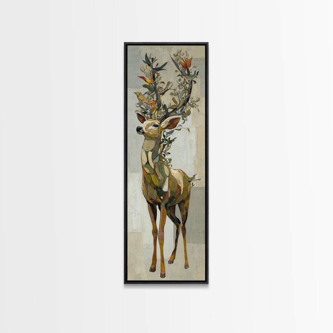 Deer with Antlers Full of Birds Framed Canvas Print, Whimsical Art, Printable Art, Living Room Decor, Watercolor Art, Wonder, WHI-1x3-31