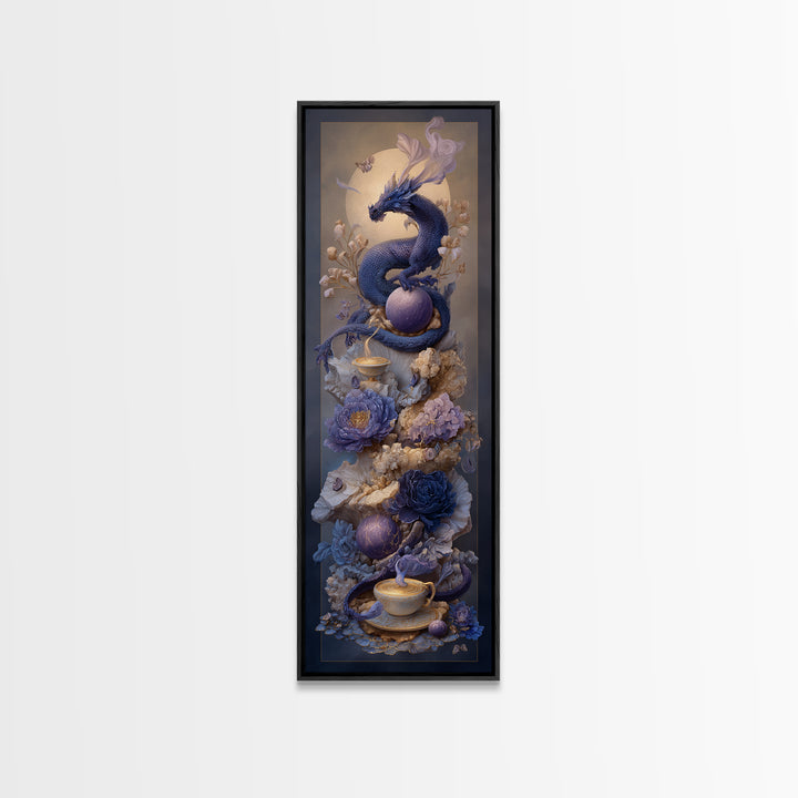 Dragon Curled Around a Teacup Framed Canvas Print, Whimsical Art, Pet Portrait, Living Room Decor, Wonder, Abstract Wall Art, WHI-1x3-36