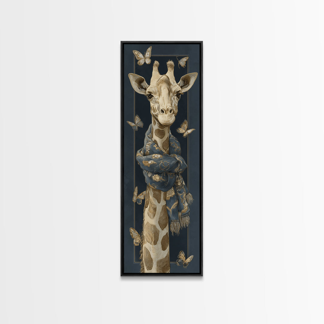 Giraffe with Scarf and Butterflies Framed Canvas Print, Whimsical Art, Modern Decor, Living Room Decor, Fine Art, Wonder, WHI-1x3-46