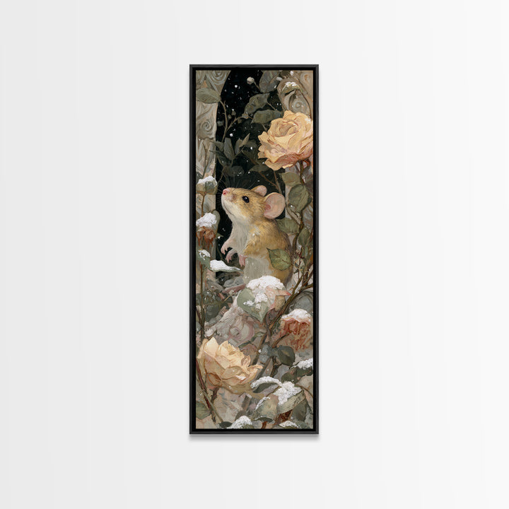 Mouse Ballerina in a Rose Garden Framed Canvas Print, Whimsical Art, Abstract Wall Art, Living Room Decor, Watercolor Art, WHI-1x3-47