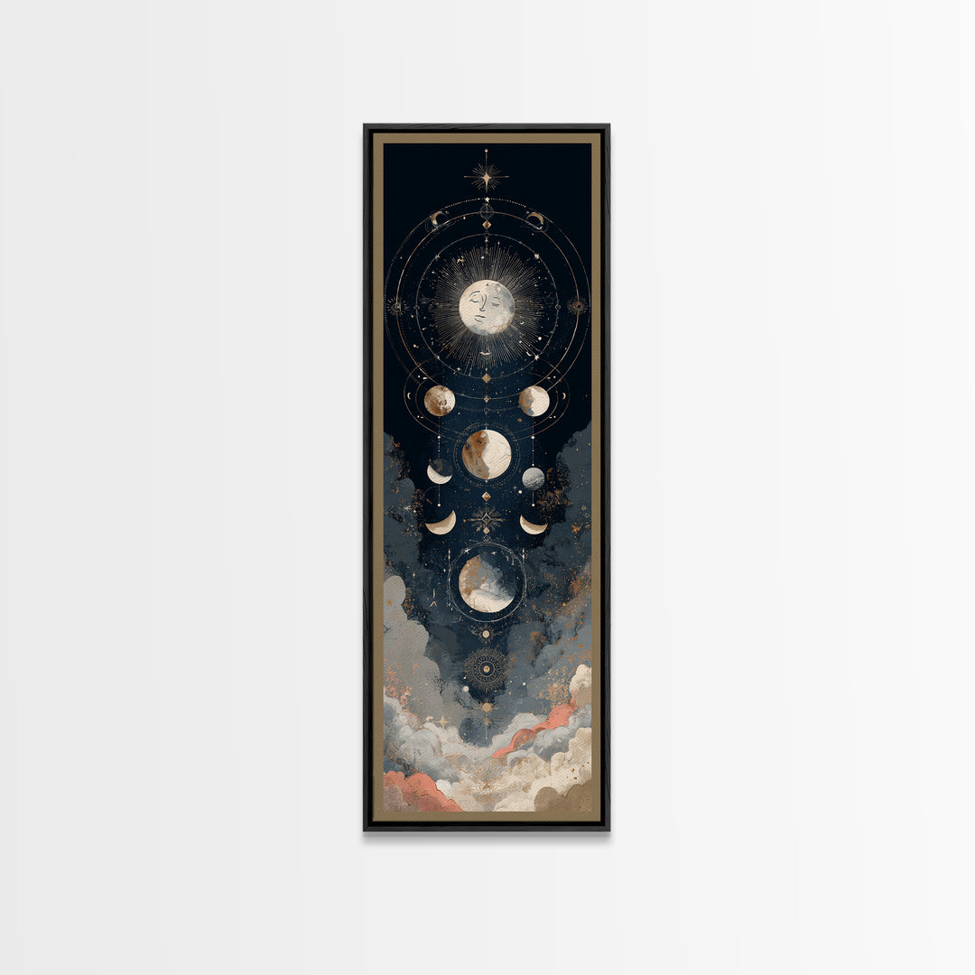 Moon with Sleeping Face and Dangling Stars Framed Canvas Print, Whimsical Art, Original Art, Living Room Decor, Oil Painting, WHI-1x3-52