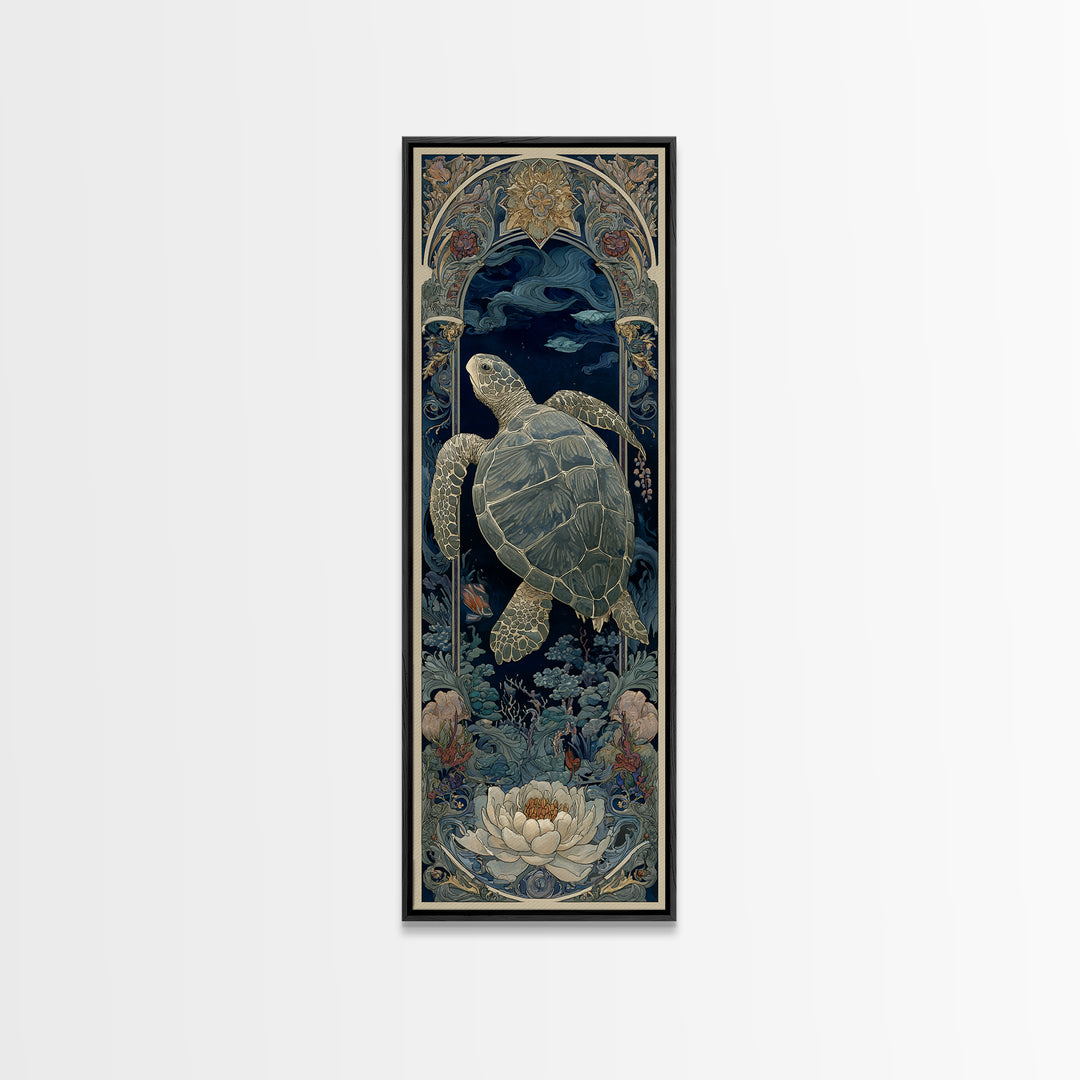 Turtle with Garden Growing on Shell Framed Canvas Print, Whimsical Art, Watercolor Art, Living Room Decor, Fine Art, Wonder, WHI-1x3-58