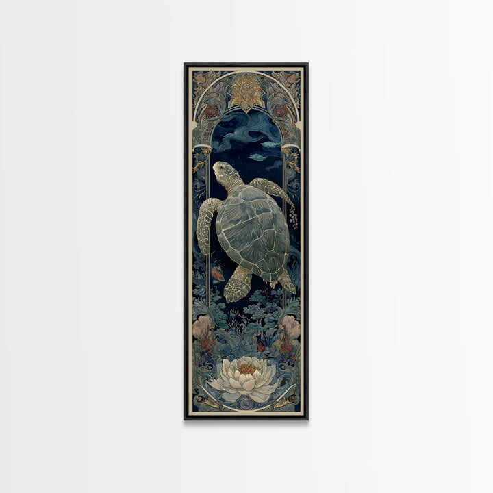 Turtle with Garden Growing on Shell Framed Canvas Print, Whimsical Art, Watercolor Art, Living Room Decor, Fine Art, Wonder, WHI-1x3-58