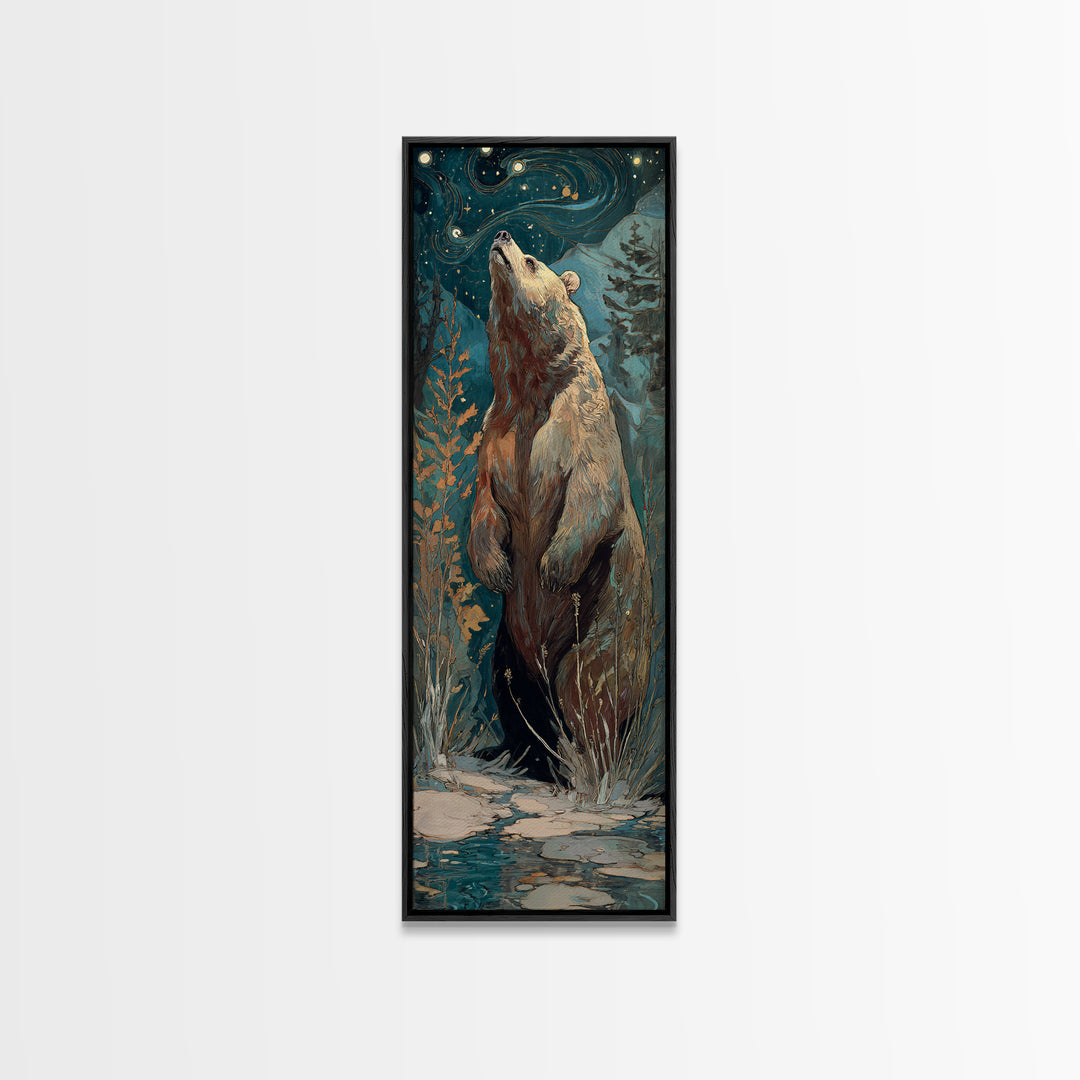 Bear Painting Stars Onto the Night Sky Framed Canvas Print, Whimsical Art, Wall Art, Living Room Decor, Oil Painting, Wonder, WHI-1x3-69