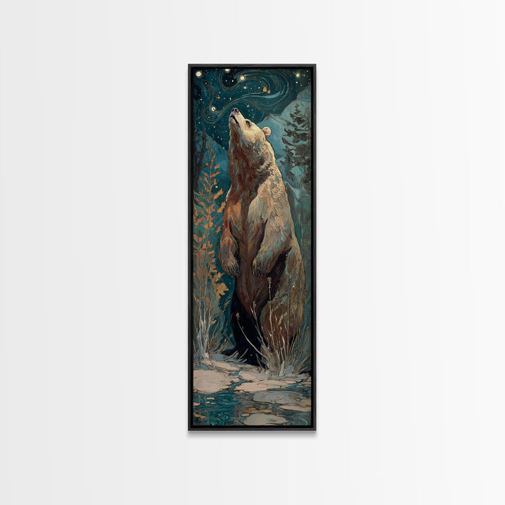 Bear Painting Stars Onto the Night Sky Framed Canvas Print, Whimsical Art, Wall Art, Living Room Decor, Oil Painting, Wonder, WHI-1x3-69