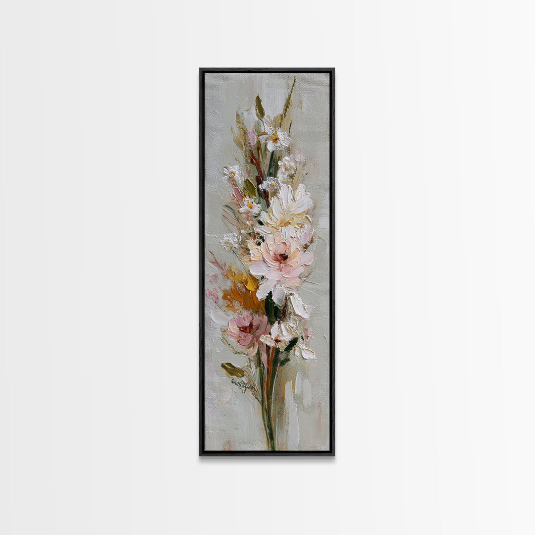 Hedgehog Carrying Wildflowers Framed Canvas Print, Whimsical Art, Neutral Decor, Living Room Decor, Oil Painting, Wonder, WHI-1x3-75