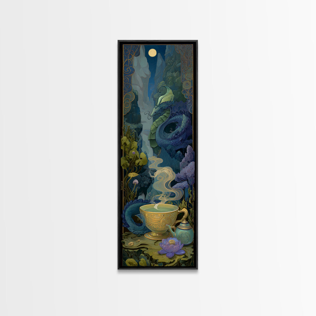 Dragon Curled Around a Teacup Framed Canvas Print, Whimsical Art, Nursery, Living Room Decor, Fine Art, Wonder, Watercolor Art, WHI-1x3-84