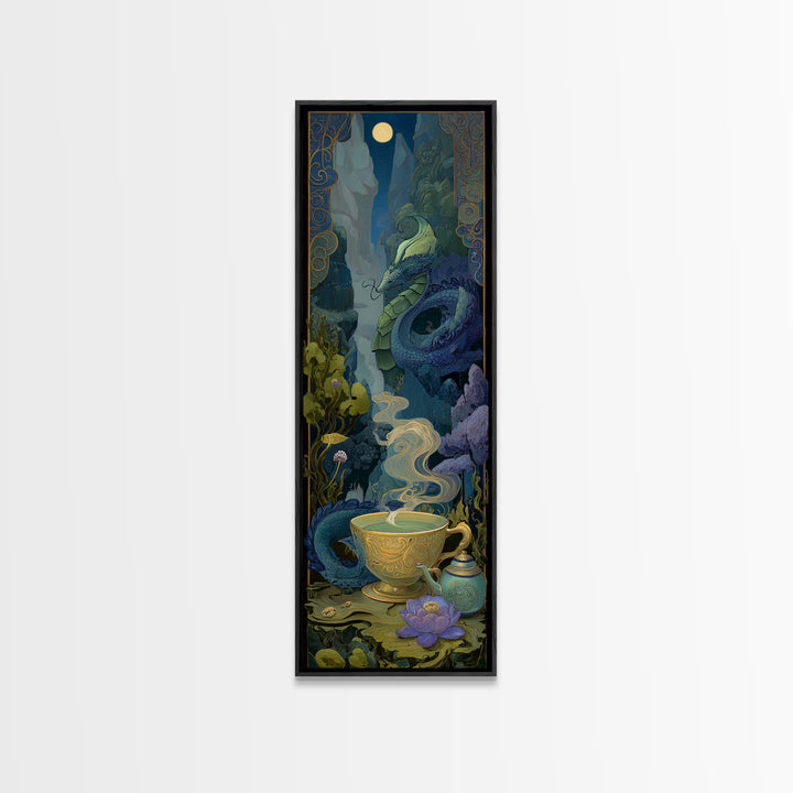 Dragon Curled Around a Teacup Framed Canvas Print, Whimsical Art, Nursery, Living Room Decor, Fine Art, Wonder, Watercolor Art, WHI-1x3-84