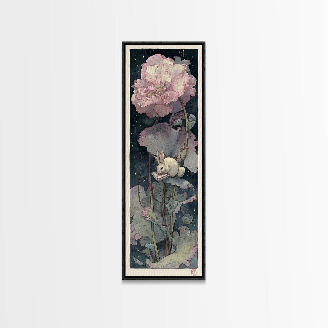Rabbit Reading Beneath a Giant Flower Canvas Print, Whimsical Art, Cat Art, Living Room Decor, Watercolor Art, Wonder, WHI-1x3-89