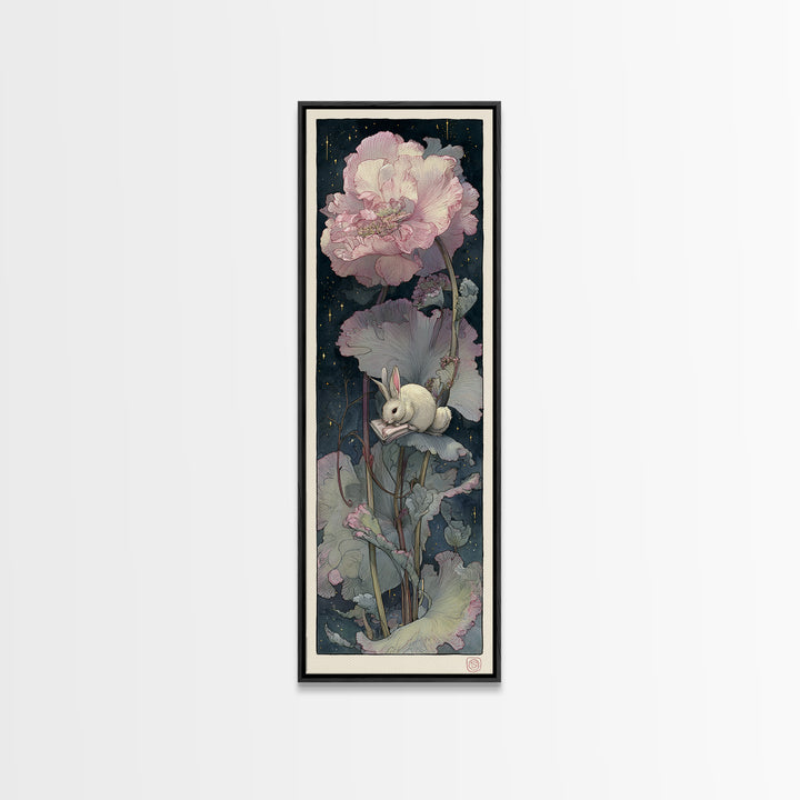 Rabbit Reading Beneath a Giant Flower Canvas Print, Whimsical Art, Cat Art, Living Room Decor, Watercolor Art, Wonder, WHI-1x3-89