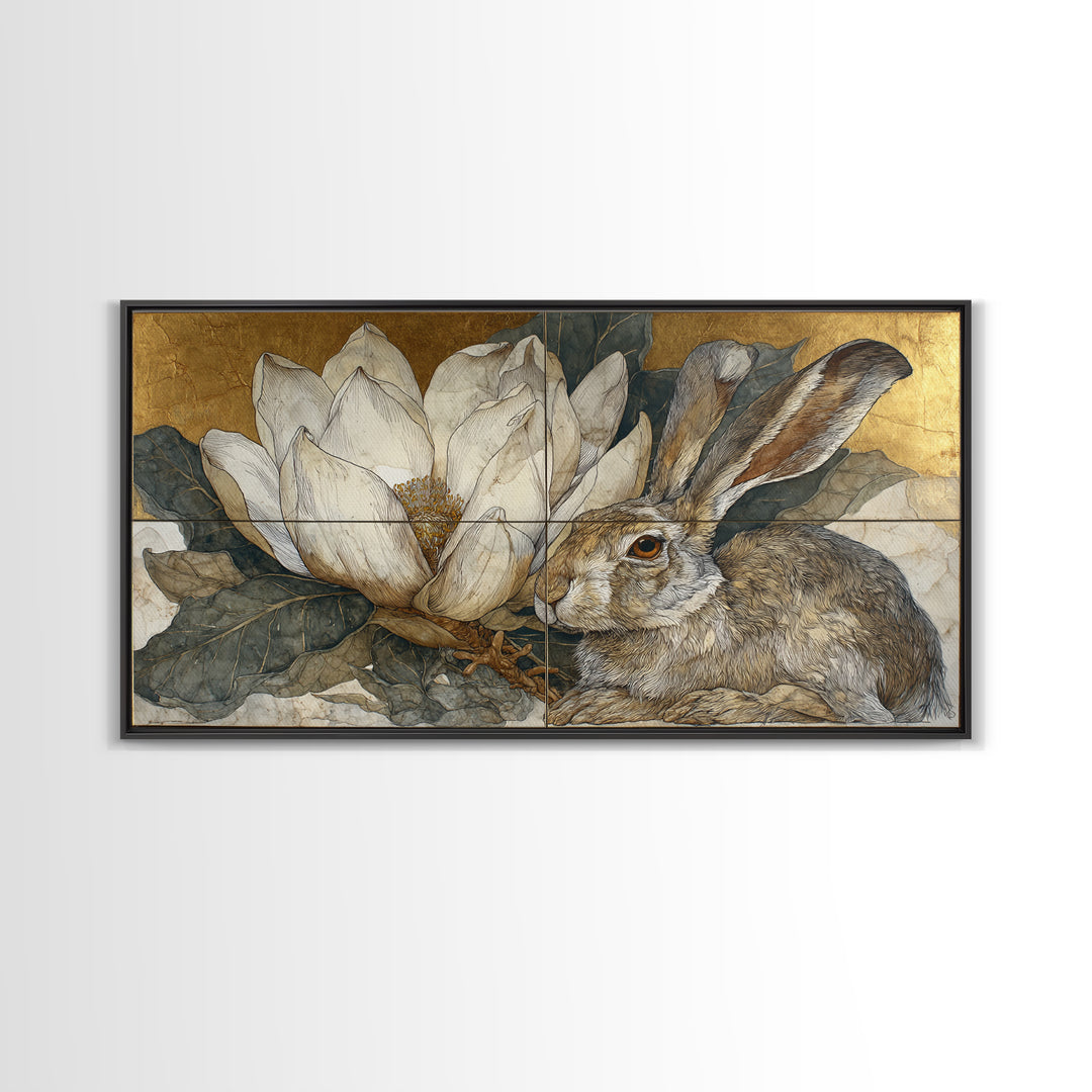 Rabbit Reading Beneath a Giant Flower Framed Canvas Print, Whimsical Art, Oil Painting, Living Room Decor, Wonder, WHI-2x1-1
