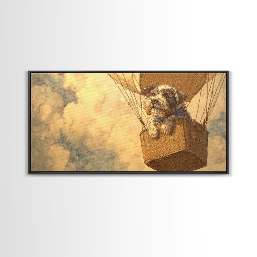 Dog in a Hot Air Balloon Framed Canvas Print, Whimsical Art, Contemporary Art, Living Room Decor, Fine Art, Wonder, Art Nouveau, WHI-2x1-10