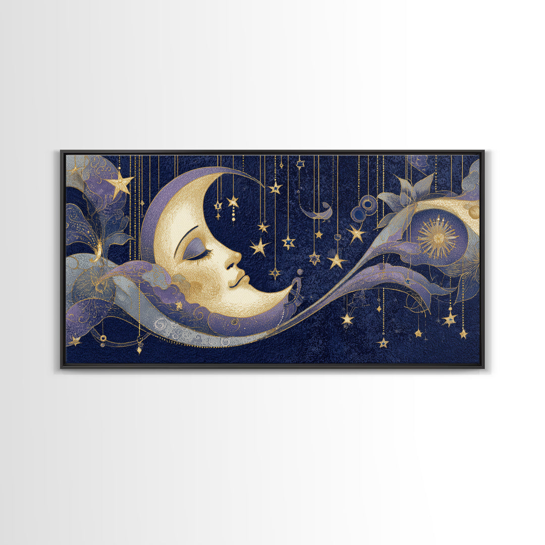 Moon with Sleeping Face and Dangling Stars Framed Canvas Print, Whimsical Art, Room Decor, Living Room Decor, Oil Painting, WHI-2x1-12