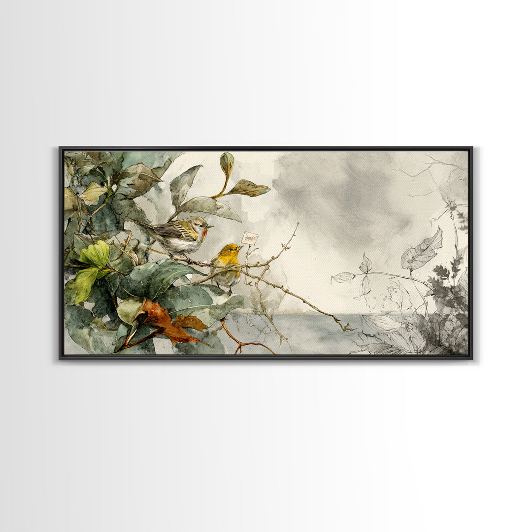 Bird Delivering a Tiny Love Letter Framed Canvas Print, Whimsical Art, Cat Art, Living Room Decor, Fine Art, Wonder, WHI-2x1-19