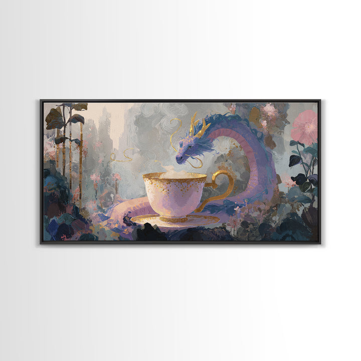 Dragon Curled Around a Teacup Framed Canvas Print, Whimsical Art, Statement Artwork, Living Room Decor, Fine Art, Wonder, WHI-2x1-20